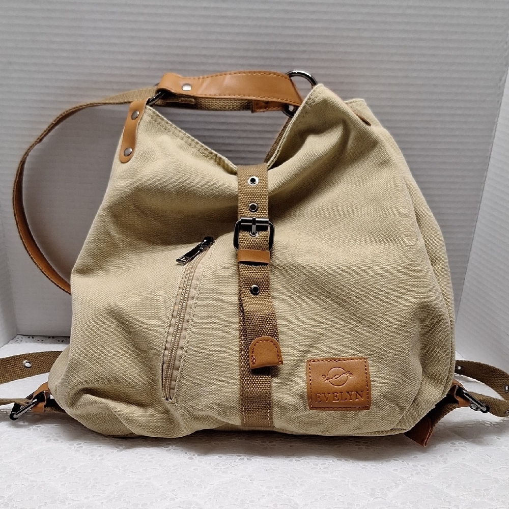 #ACW EVELYN Tan Canvas Backpack with Leather Accents